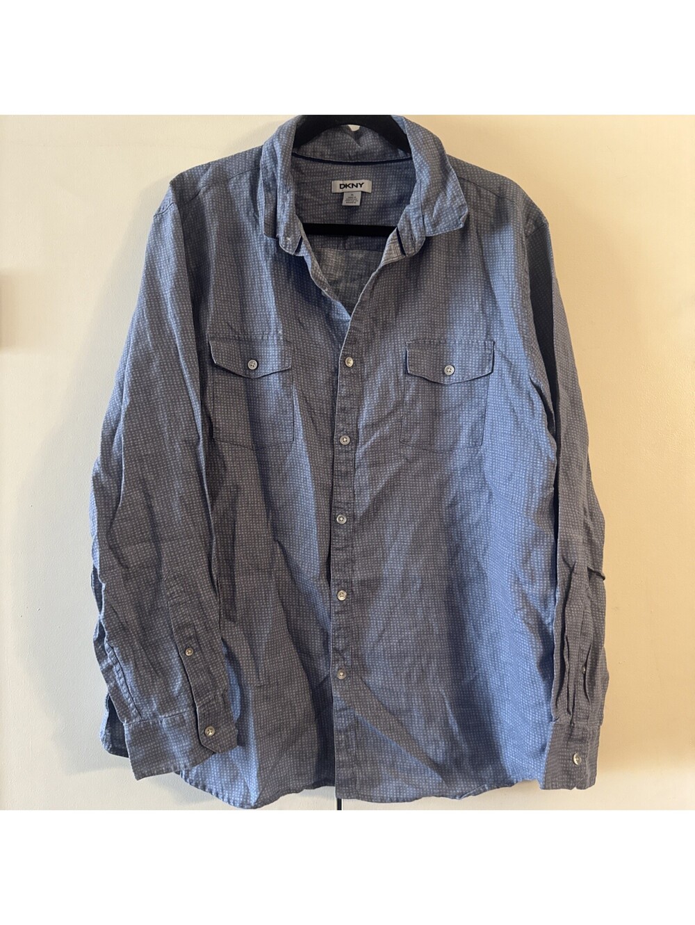 DKNY Men's XL Shirt Blue Grid Pattern Long Sleeve Casual Button Up Flap Pocket